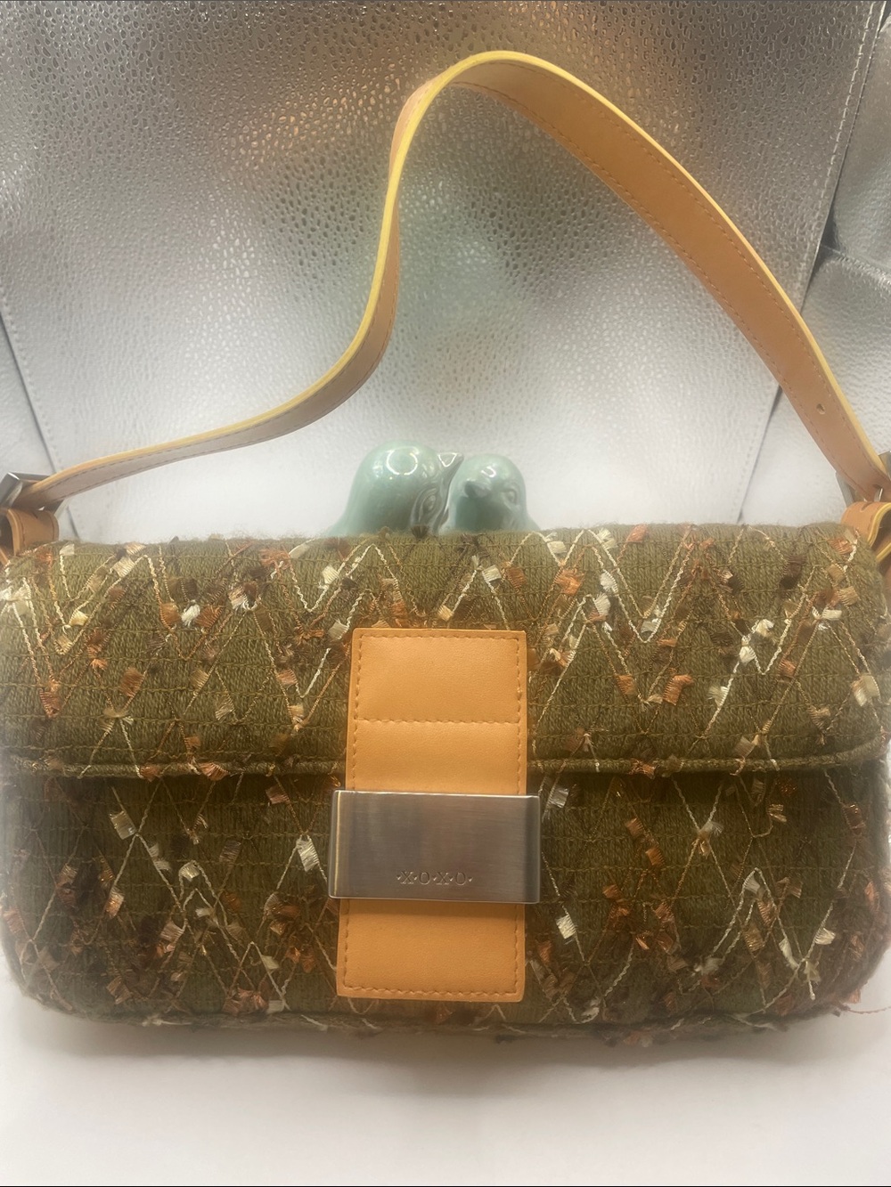 XOXO Olive Green Quilted Shoulder Bag with Tan Trim 000936